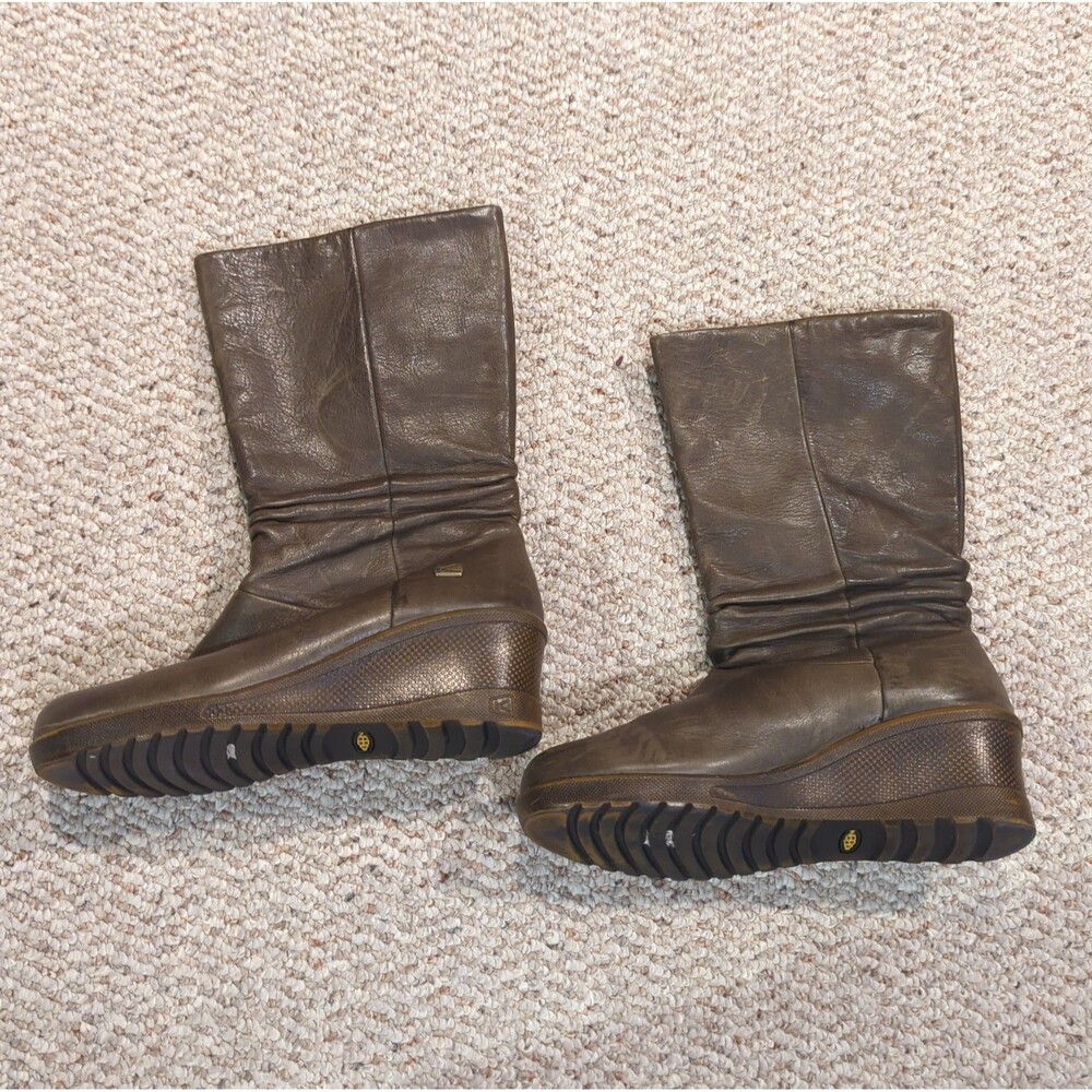 KEEN Kate Slouch Leather Boot Womens 7.5 Green Slip On Mid Calf Wedge
